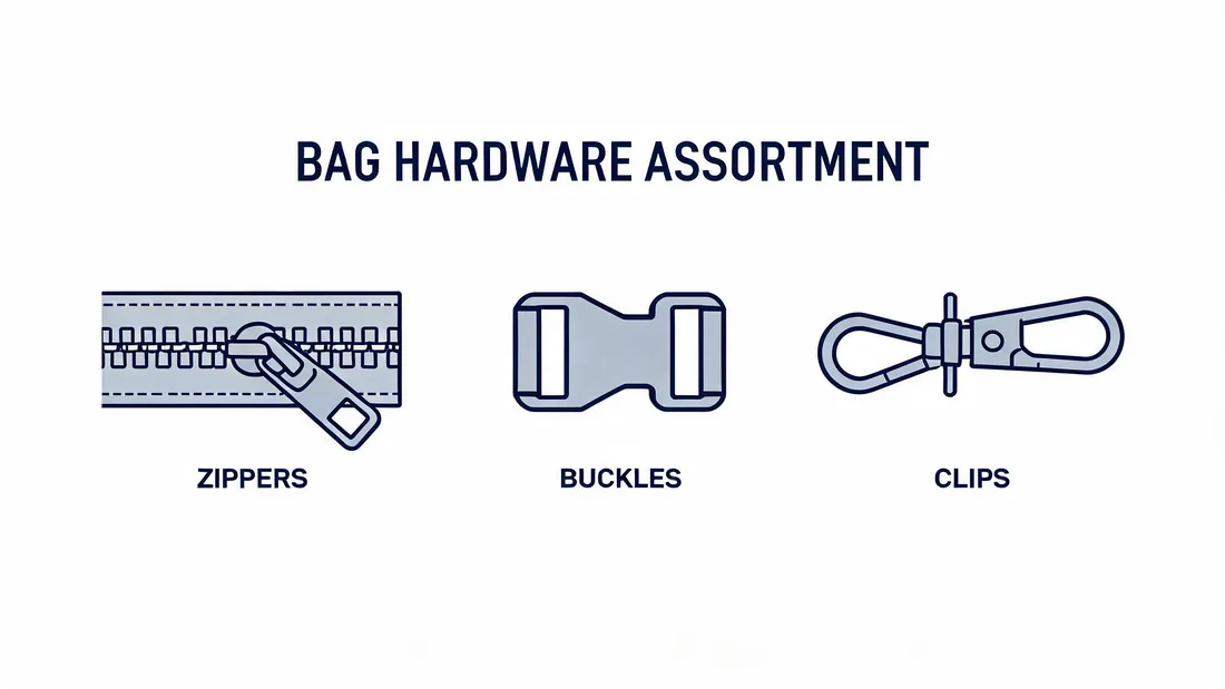 Assorted bag hardware including zippers, buckles, and clips