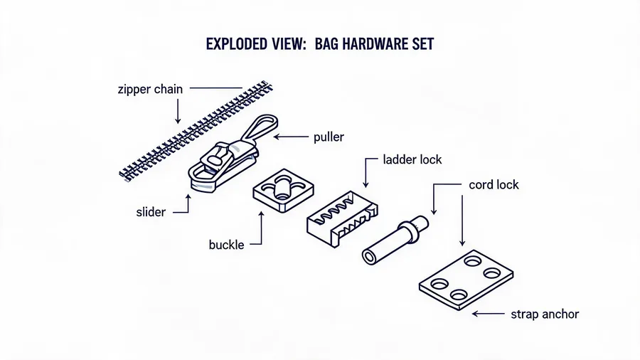 Labeled diagram of bag hardware components including zipper, slider, buckle, and cord lock