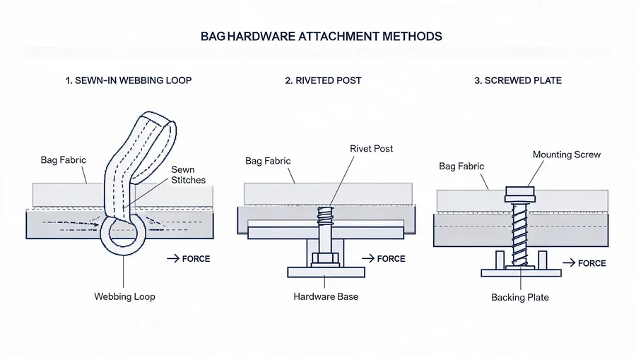 Cross-section diagram comparing sewn, riveted, and screwed hardware attachment methods