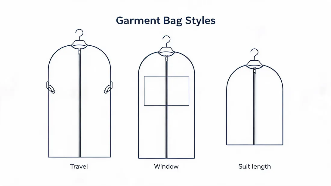 Garment bag wholesale styles: travel garment bag, storage bag with window and suit-length bag