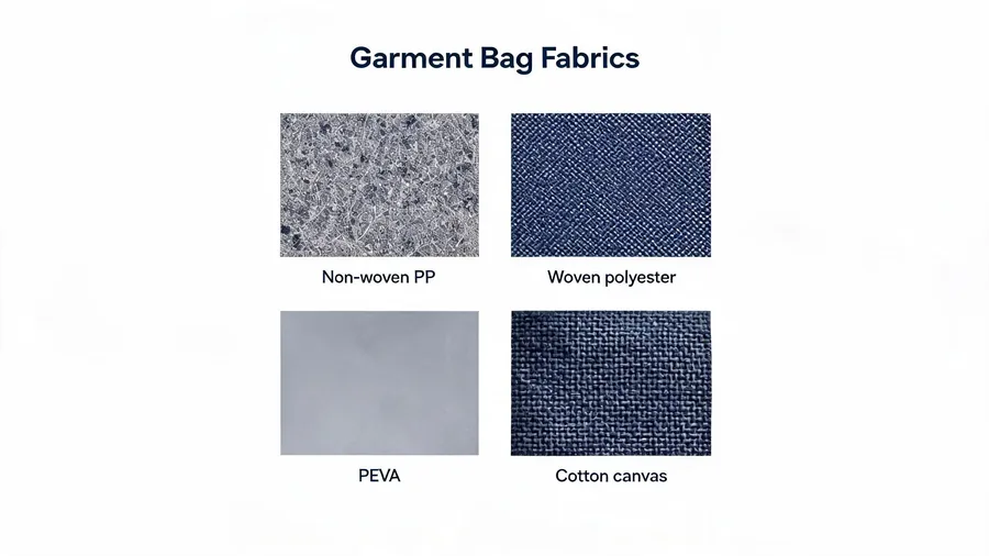 Garment bag fabric swatches: non-woven PP, woven polyester, PEVA and cotton canvas