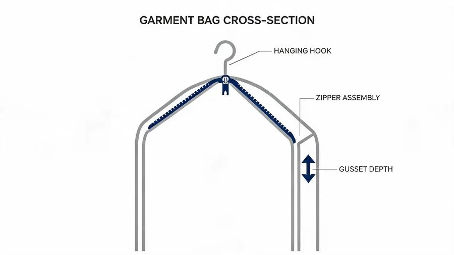 Diagram showing zipper, gusset, and hanging hardware placement on a garment bag