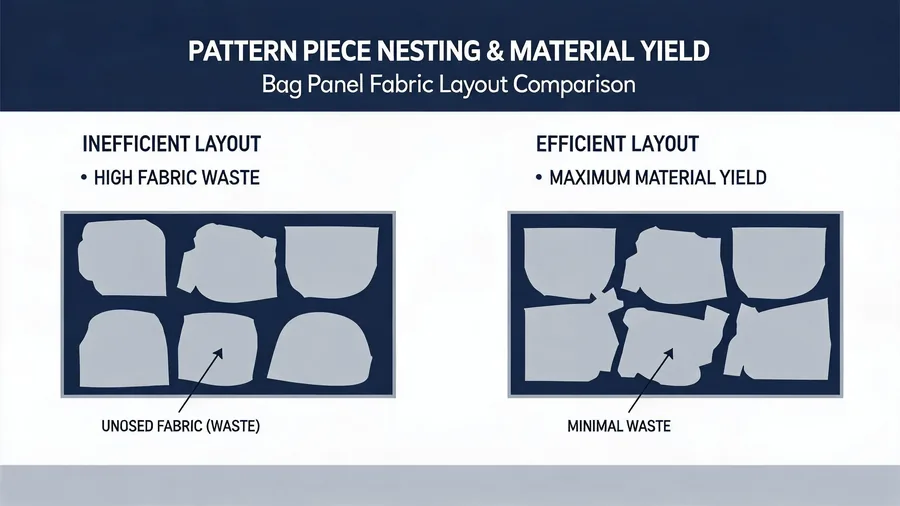 Diagram comparing efficient and inefficient fabric nesting for bag pattern pieces