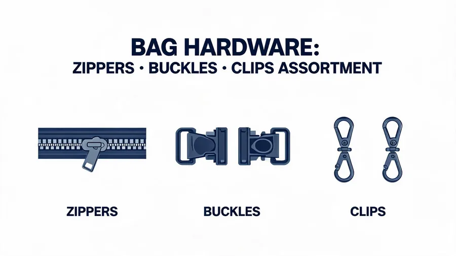 Assortment of bag hardware including zippers, buckles, and clips