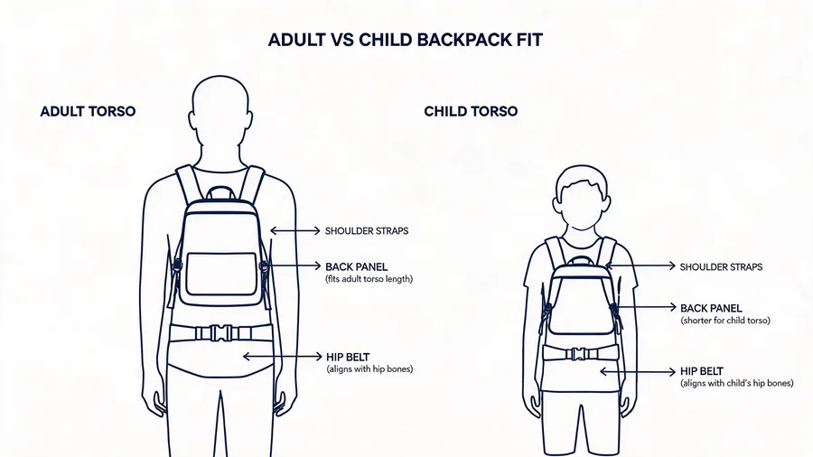 Diagram comparing adult and childrens bags fit on different torso sizes