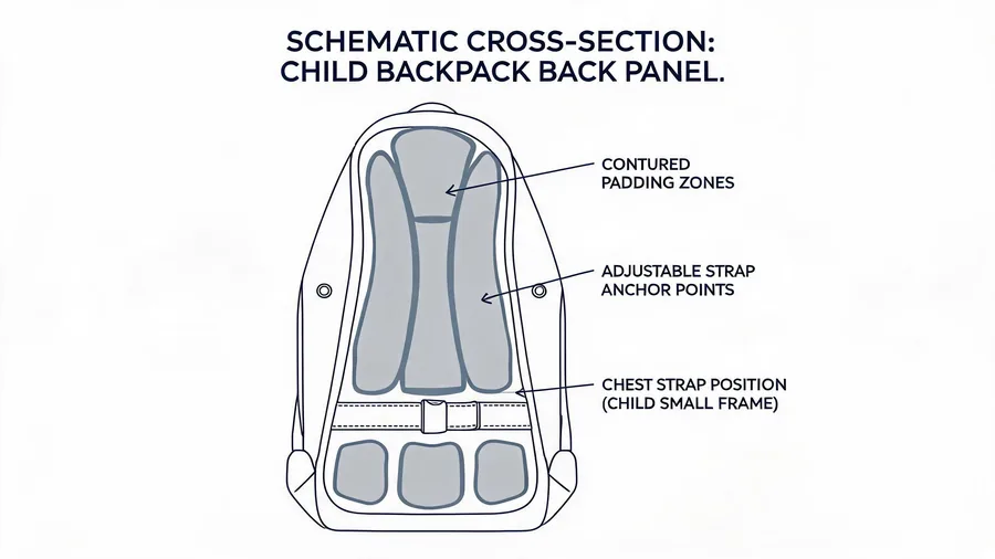 Diagram of strap and back panel design for childrens bags