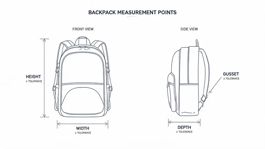 Backpack dimension diagram with measurement points and tolerances