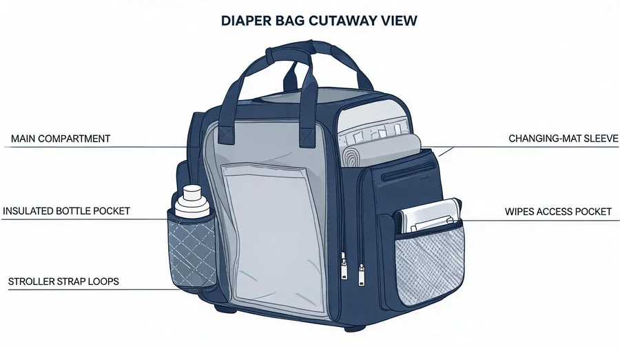 Diaper bag compartment layout